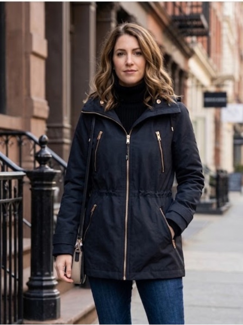 Marc New York Women’s Hooded Utility Anorak Jacket in Black with Gold Hardware